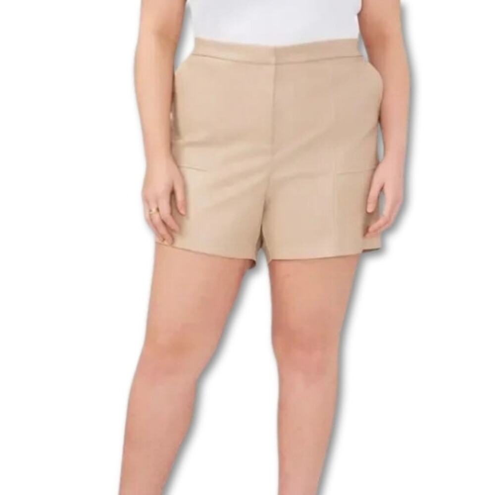 Halogen Faux Leather Shorts High Waisted Side Pockets Gathered Back Tan M NWOT